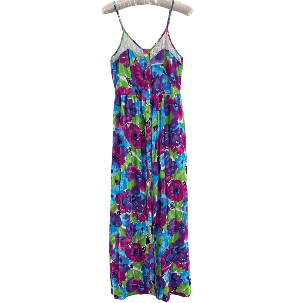 Mimi Chica Floral Maxi Dress Women M Pink Blue Lace‎ Button Front Slit 90s Style